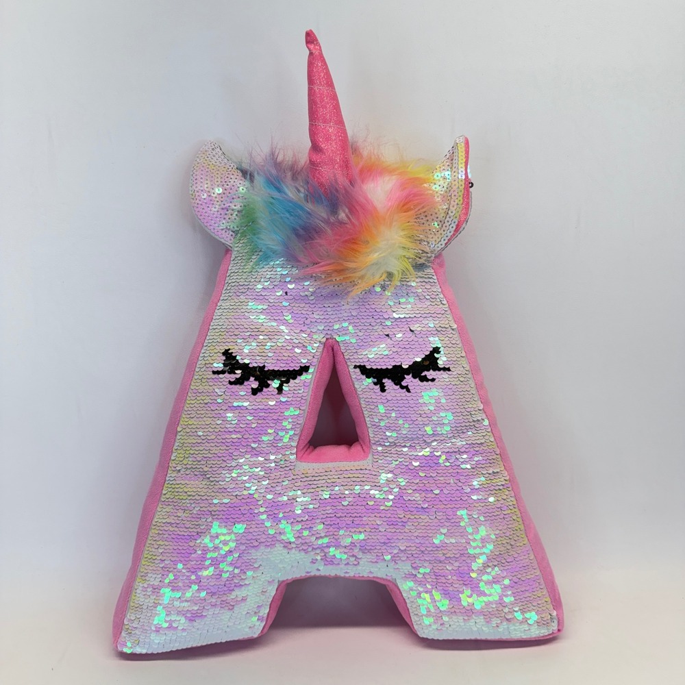Justice Girls Pink Unicorn Initial A Reversible Sequin Plush Decorative Pillow